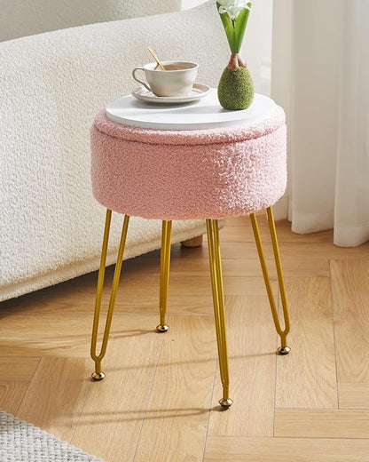 IBUYKE Teddy Velvet Storage Footrest Stool Ottoman, Makeup Vanity Stool Side Table with Removable Cover, Golden Steel Legs, Coffee Table Top Cover, Pink WBD010P
