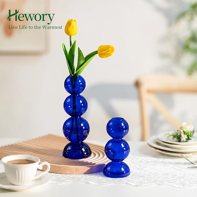 Glass Bubble Vases for Flowers, Hewory 2pcs Blue Unique Cute Single Flower Vase for Centerpieces, Funky Aesthetic Vase Skinny Bud Vase, Cool Groovy Decor for Home Living Room Bedroom Office Tabletop
