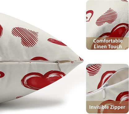 Valentines Day Pillow Covers 12x20 Set of 2 Beige Red Heart Throw Pillow Covers Love Pillowcase Linen Decoration Farmhouse Holiday Cozy Soft Cushion Case Couch for Indoor Outdoor Home Decor