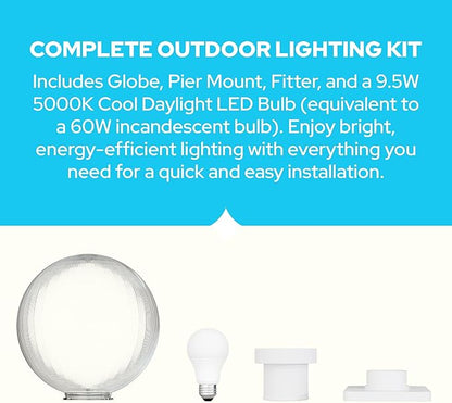 KASTLITE 12" Globe Pier Mount Outdoor Lighting with LED Lamp | UV & Waterproof Pillar & Column Lights | Deck Driveway Yard Patio & Garden Fixture | Made in USA | Prismatic Cover, White Basic Base