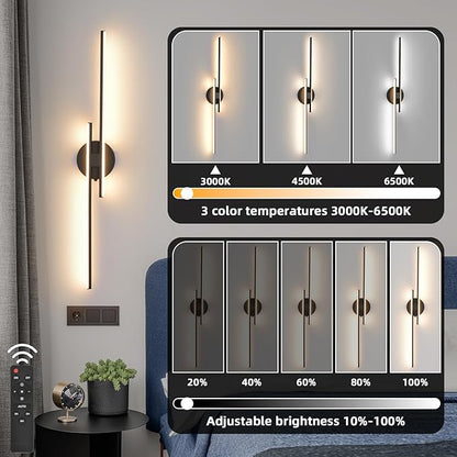 Rechargeable Battery Operated Wall Sconce Set Of Two, Black Wireless LED Wall Sconces With Remote Control, Dimmable 3 Colors Cordless wall lights for Living Room, bedroom, Hallway, 31.4 Inch ( 2pcs)