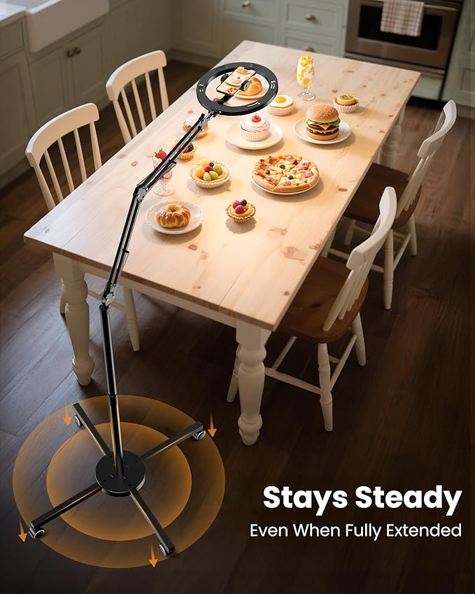LUXSURE Ring Light Tripod for iPhone with Light,Overhead Camera Mount with Casters,Ring Light with Stand and Phone Holder for Video Recording,Phone Tripod with Light for Live Streaming/Cooking