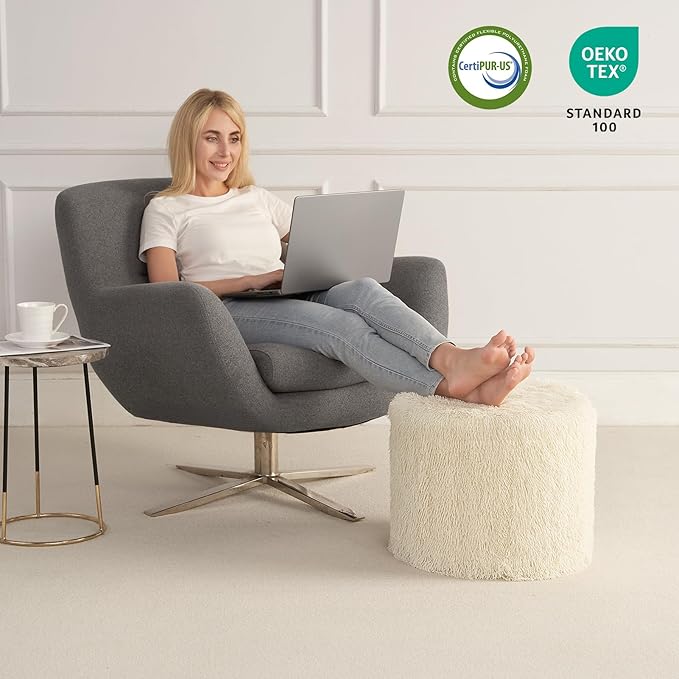 Hansleep Pouf Ottoman Foam Filled 17 x 14, Faux Fur Round Ottoman Foot Rest for Chair with Washable Cover, Foot Stools Under Desk for Living Room & Bedroom, Beige