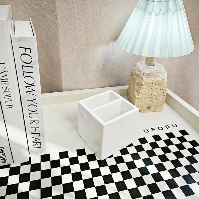 Marble Pen Holder, White Stone, Rectangular Desktop Organizer for Office Study (white 2 layer)