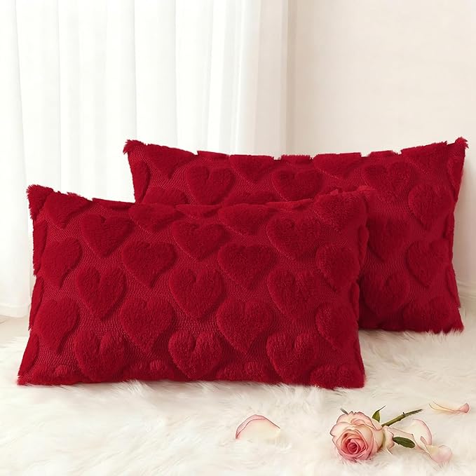 decorUhome Valentine’s Day Soft Plush Throw Pillow Covers 12x20 Inch Set of 2, Faux Fur Red Heart Decoration Neutral Lumbar Pillow Covers for Couch Sofa Bed Cozy Farmhouse Holiday Decor