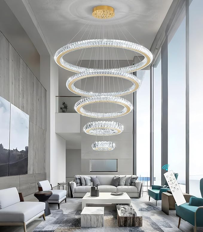 Modern Chandelier 8"+16"+24"+32"+40" 5 Rings Crystal LED Dimmable Lighting Foyer Entryway High Ceiling Living Room Chanderliers Pendant Lights Fixtures Gold Light