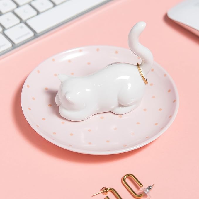 Cat Ring Holder Ring Dish Ceramic Jewelry Holder Dish Trinket Tray For Rings Earrings Trinkets Organizer, Funny Cat Themed Gifts for Mom, Birthday Gifts for Women