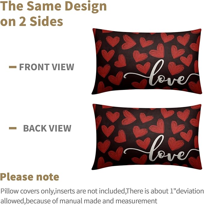 Valentines Day Pillow Covers 12x20 Set of 2 Black Heart Throw Pillow Covers Love Pillowcase Linen Decoration Farmhouse Holiday Cozy Soft Cushion Case Couch for Indoor Outdoor Home Decor