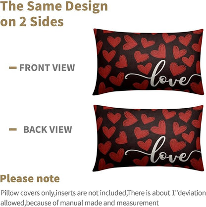 Valentines Day Pillow Covers 12x20 Set of 2 Black Heart Throw Pillow Covers Love Pillowcase Linen Decoration Farmhouse Holiday Cozy Soft Cushion Case Couch for Indoor Outdoor Home Decor
