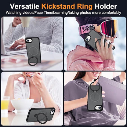 Compatible with iPhone 16E Case with Invisible Magnetic O-Ring Stand Military-Grade Translucent Case for iPhone 16E 6.1" 2025 [Compatible with Mag-Safe][Great Grip Feeling], Black