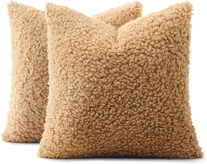 MIULEE Pack of 2 Throw Pillow Covers 18x18 Inch Neutral Camel Faux Fur Decorative Sherpa Pillow Covers Fuzzy Accent Soft Sheepskin Fleece Cushion Cases for Boho Home Decor Couch Living Room Bed