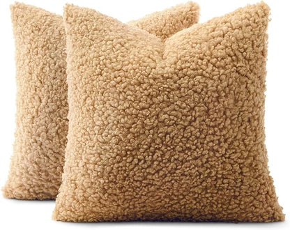 MIULEE Pack of 2 Throw Pillow Covers 18x18 Inch Neutral Camel Faux Fur Decorative Sherpa Pillow Covers Fuzzy Accent Soft Sheepskin Fleece Cushion Cases for Boho Home Decor Couch Living Room Bed