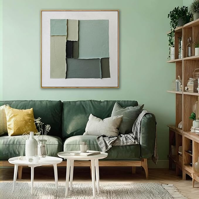 LEVERUP Square Geometric Painting Pictures Green Abstract Wall Artwork Modern Wall Decorations for Living Room Bedroom 24×24 Inch Office Canvas Photos