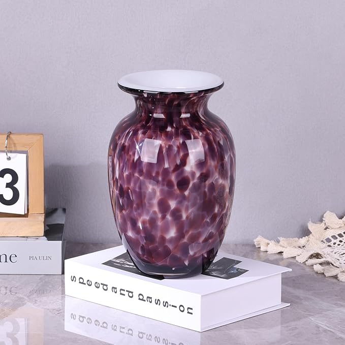 Hand Blown Glass vase, Purple Wide Mouth Glass Large vase for Home Decoration Bouquet, Suitable for Office Living Room TV Stand Kitchen Dining Table Centerpiece Bookshelf entryway Desktop Decoration.