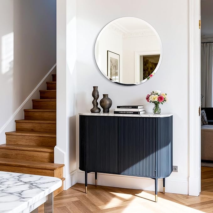 Frameless Round Wall Mirror: Decorative Mirrored Glass Vanity with Beveled Silver Edge for Bathroom Bedroom Livingroom Dining Room Entryway Hallway, 28 x 28 inch