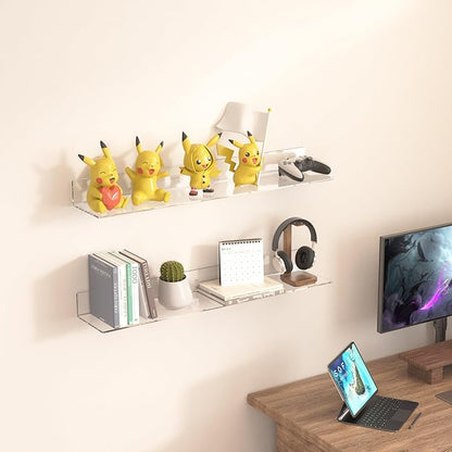 Sezanrpt 30 Inches Clear Long Floating Shelves for Wall, Acrylic Wall Shelf for Plants, Radio, Funko Pop, Books, Picture Frame, Clock, Cosmetics, Toiletries, 2 Pack(30 Inch)