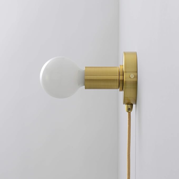 BRIGHTTIA Plug-in Simple Ring Wall Sconce Light - Brushed Gold - Modern Minimalist Lighting for Apartments and Dorms - Mid Century Industrial Exposed Bulb Wall Lamp - 15Ft Fabric Cord (BW0005-1GP)
