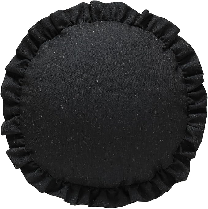 ISAENNE Classic Black Round Throw Pillow Cover Diameter 16", Solid Color Farmhouse Linen Cotton Decoration Pillow Cover with Ruffles, Sturdy Throw Pillow Case for Couch Sofa Bed Living Room