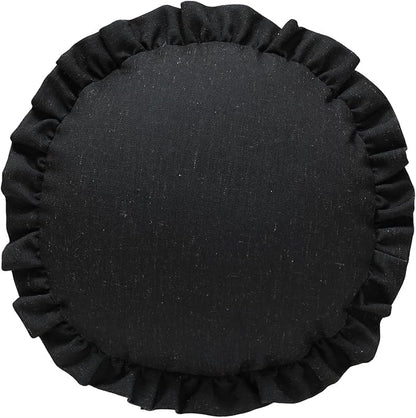 ISAENNE Classic Black Round Throw Pillow Cover Diameter 16", Solid Color Farmhouse Linen Cotton Decoration Pillow Cover with Ruffles, Sturdy Throw Pillow Case for Couch Sofa Bed Living Room