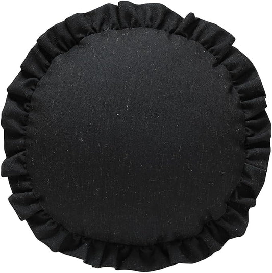 ISAENNE Classic Black Round Throw Pillow Cover Diameter 16", Solid Color Farmhouse Linen Cotton Decoration Pillow Cover with Ruffles, Sturdy Throw Pillow Case for Couch Sofa Bed Living Room