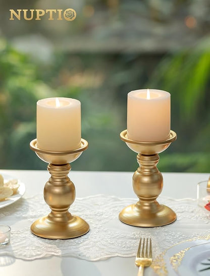 2 Pcs Gold Pillar Candle Holders, Gold Candlestick Most Ideal for 3" Pillar Candles, Gifts for Wedding, Party, Home, Spa, Reiki, Votive Candle (2 x S)