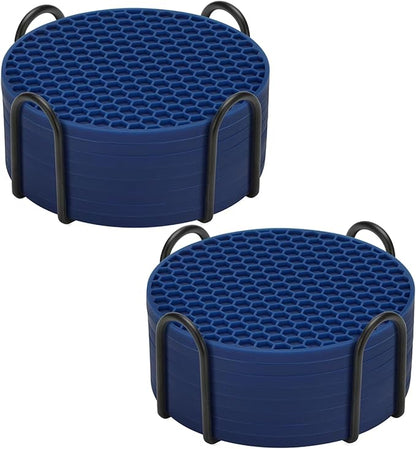 Silicone Coaster Set of 16 with Holder, Drinks Coasters, Suitable for All Cups, Hot or Cold, Anti-Slip, Non-Stick, Anti-Overflow Tabletop Protection and Decor (Navy Blue, 16 Pcs)