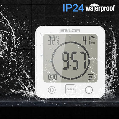 Waterproof Digital Shower Clock, Bathroom Wall Clock with Countdown Timer, Temperature & Humidity Display, Magnetic Back & Suction Cup for Bathroom, Kitchen, Spa