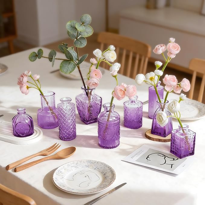 Amethyst Purple Ombré Glass Bud Vases Set of 12, Vintage Small Flower Vases for Centerpiece, Boho Wedding, Party, Baby Shower, Embossed Assorted Tiny Vase Bulk for Table, Mantel, Home Decor