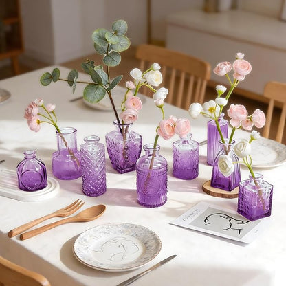 Amethyst Purple Ombré Glass Bud Vases Set of 12, Vintage Small Flower Vases for Centerpiece, Boho Wedding, Party, Baby Shower, Embossed Assorted Tiny Vase Bulk for Table, Mantel, Home Decor