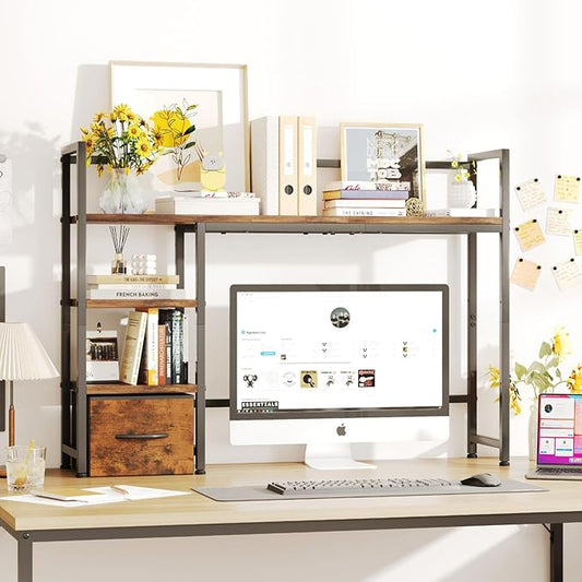 Desk Shelf with Drawer, 41.3" Desktop Organizer Shelf, Desk Hutch for Computer Monitor Max 32", 3 Tier Desktop Display Rack, Wooden Desk Top Bookshelf Storage Rack for Home Office Dorm, Rustic Brown