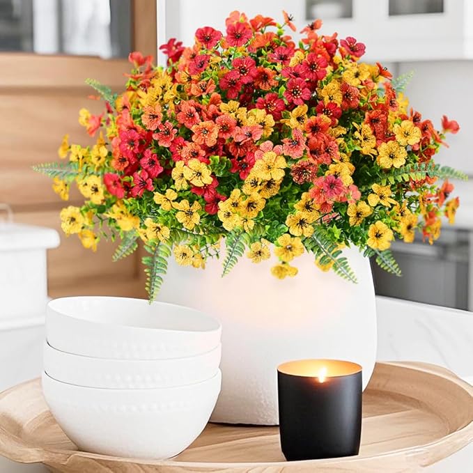Artificial Fake Flowers Plants for Outdoor,18 Bundles Faux Plants Outside No Fade Plastic UV Resistant for Front Door Porch Patio Balcony Garden Yard Decorations