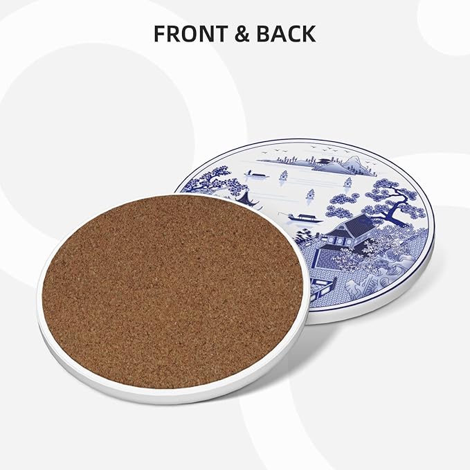 6 Pcs Ceramic Coasters with Holder Absorbent Drink Round China Blue and White Porcelain Royal Collection Design for Home Table Coffee Cup Wine Beer Bar,Size 4 inches