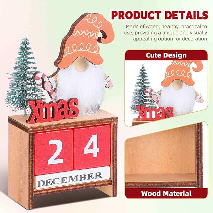 Wooden Christmas Countdown Advent Calendar: Santa Block Calendar with Wood Date - Cute Date Display Blocks Desk Accessory for Home Table Mantel(Xmas Letter)
