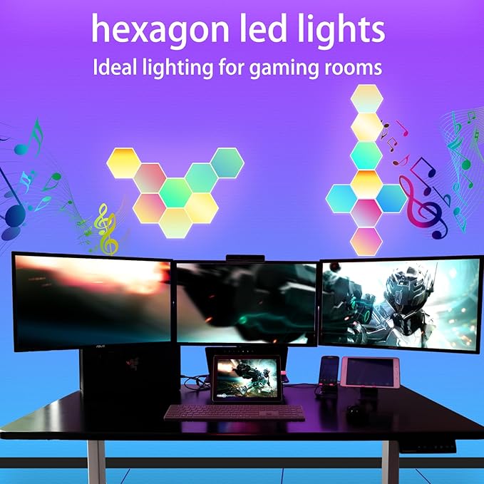 8 Pack Hexagon Lights for Wall LED, That Sync with Music, APP & Remote Controls Hex Lights, RGB LED Wall Panels for TV, Bedroom, Living Room, Game Room Decor