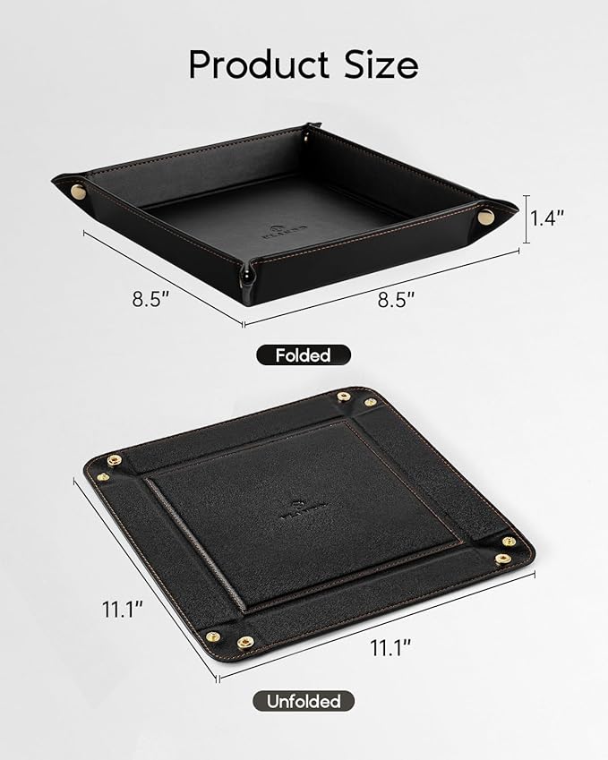 Vlando Valet Tray for Men Women, Nightstand Organizer Vanity Catchall Holder for Dresser Desk Storage Bedside, Travel PU Leather Jewelry Key Bowl Coin Watches and Candy Entryway Tray - Large, Black