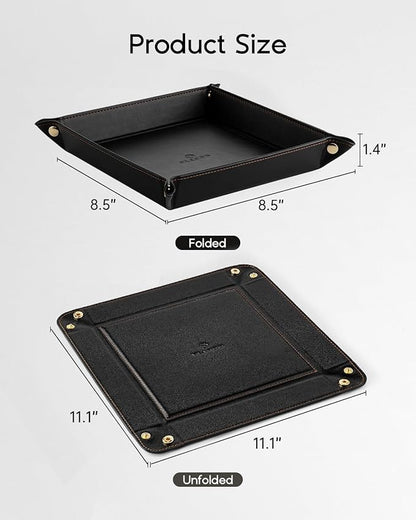 Vlando Valet Tray for Men Women, Nightstand Organizer Vanity Catchall Holder for Dresser Desk Storage Bedside, Travel PU Leather Jewelry Key Bowl Coin Watches and Candy Entryway Tray - Large, Black