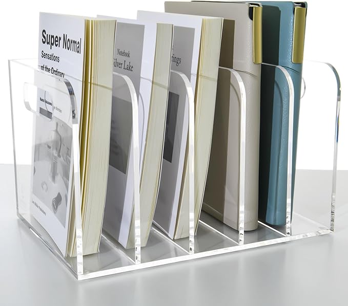 Acrylic Magazine File Holder, 5 Vertical Compartments Desk Document Sorter Organizer, Clear Folder Rack Binder for Office/Documents/Classroom, for Home, Tablet, Magazines, Books & Accessories