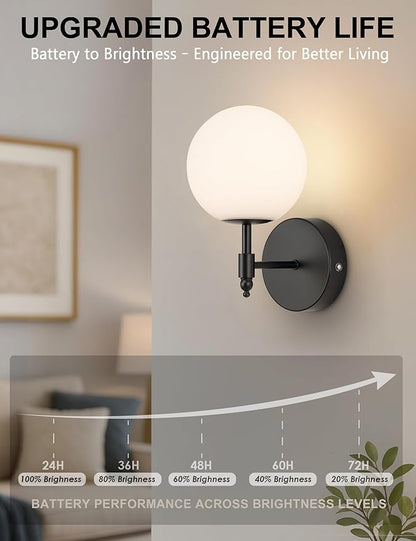 Battery Operated Globe Wall Sconces Set of 2, Black Wireless Wall Lights with Remote Control, Rechargeable 3 Color Stepless Dimming Modern Wall Decor Lamp for Bedroom Living Room Hallway