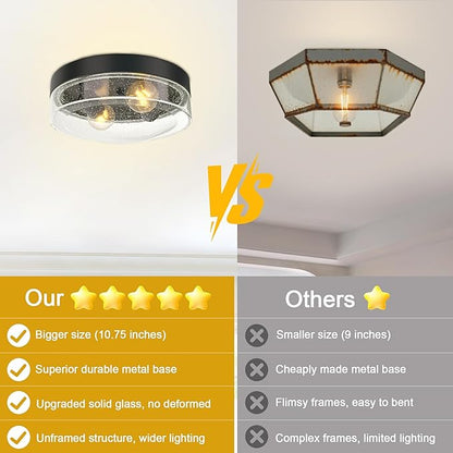 Flush Mount Ceiling Light Fixtures, 2-Light Farmhouse Light Fixtures Ceiling Mount with Seeded Glass Lampshade, Industrial Flush Mount Light Fixture Farmhouse for Hallway, Kitchen, Entryway and Foyer