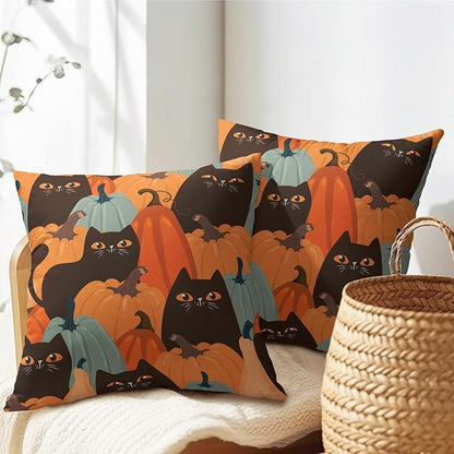 Halloween Pumpkin Fall Pillow Covers 18x18 Set of 2 Burnt Orange Cute Black Cat Print Decorative Autumn Outdoor Pillowcases with Zipper Farmhouse Holiday Throw Cushion Case Decor for Couch Sofa Bed