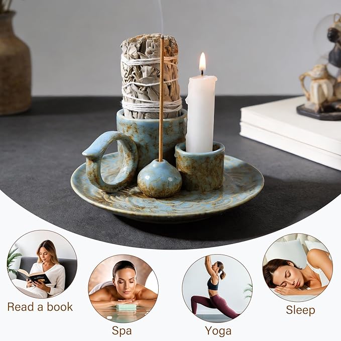 4-in-1Blue Ceramic Palo Santo Burner Holder - Small Incense Burner & Smudge Tray Bowl for Incense Sticks/Cones & Sage - Ideal for Meditation Rooms,Zen and Aromatic Scents - Matches Compatible