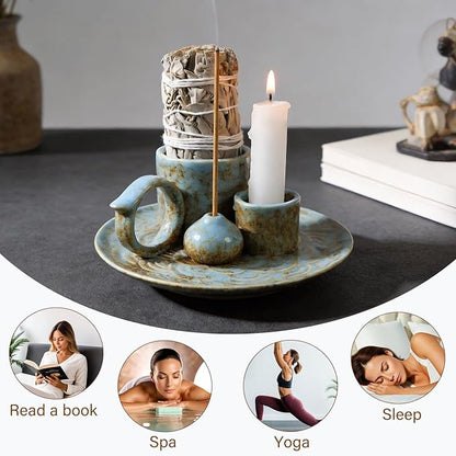 4-in-1Blue Ceramic Palo Santo Burner Holder - Small Incense Burner & Smudge Tray Bowl for Incense Sticks/Cones & Sage - Ideal for Meditation Rooms,Zen and Aromatic Scents - Matches Compatible