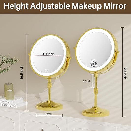 9" Lighted Makeup Mirror with 1X 10x Magnification, 5000mAh Rechargeable Magnifying Vanity mirror with lights, 3 Lighting Color, Dimmable and Height Adjustable Cordless Cosmetic Mirror (10X Gold)