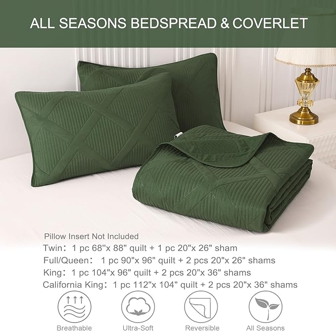 Exclusivo Mezcla Twin Size Quilt Set - Olive Green Quilts Bedding Set with 1 Pillow Shams, Modern Bedspread with Striped Pattern, Soft Lightweight Bedspreads Coverlets for All Seasons