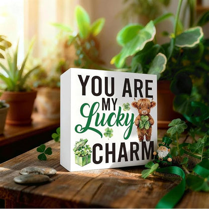 St Patrick Decor Lucky Charm Wooden Box Sign, You Are My Lucky Charm Irish Quote Tabletop Decor with Shamrock Accent, Cute Farmhouse Shelf Desk Holiday Decorative Gift for Loved Ones 5 x 5 Inches