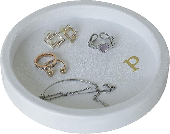 COLLECTIVE HOME - Velvet Jewelry Tray, 6" Monogrammed Jewelry Dish, Smooth Velour Display Dish for Rings, Earrings, Necklaces, Makeup, Personalized Gifts for Women (White-p)