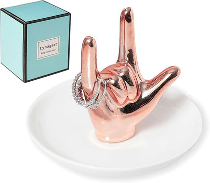 I LOVE YOU Hand Ring Holder - Ceramic Jewelry Holder Dish Trinket Tray for Rings, Earrings, Necklace Organizer, Engagement & Wedding Ring Holder, Christmas & Birthday Gifts (Rose Gold)