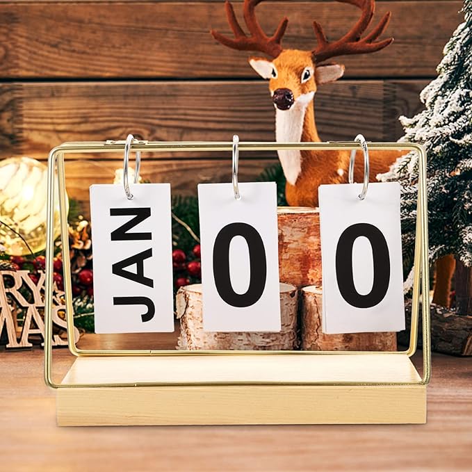 Perpetual Flip Calendar 2023 Wood Block Daily Calendar Metal Flip Christmas Countdown for Farmhouse Office Wedding Desktop Decor Golden