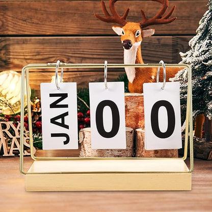 Perpetual Flip Calendar 2023 Wood Block Daily Calendar Metal Flip Christmas Countdown for Farmhouse Office Wedding Desktop Decor Golden