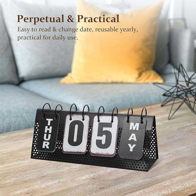 Metal Desk Calendar Standing Flip, Desktop Perpetual Flip Calendar with Large Display, Farmhouse Vintage Daily Flip Calendar for Home Office Decor, Reusable Yearly